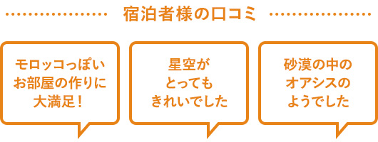 宿泊者様の口コミ モロッコっぽいお部屋の作りに大満足！ 星空がとってもきれいでした 砂漠の中のオアシスのようでした