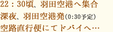 22：30頃、羽田空港へ集合。深夜、羽田空港発(0:30予定)空路直行便にてドバイへ…