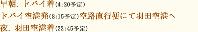 早朝、ドバイ着(4:20予定)。ドバイ空港発(8:15予定)空路直行便にて羽田空港へ。夜、羽田空港着(22:45予定)